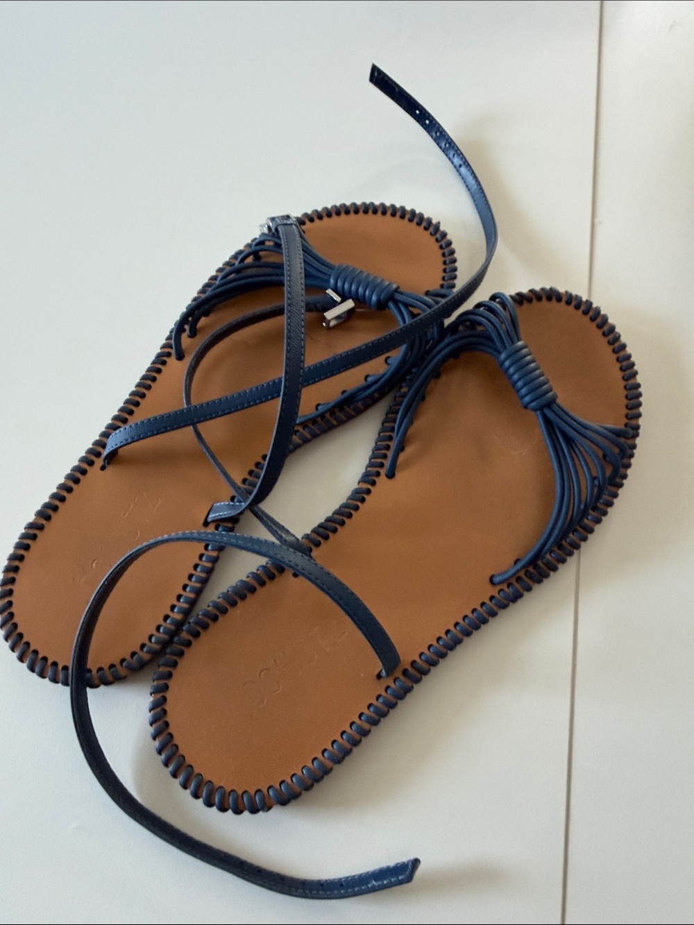 SCHUTZ Navy and Tan Braided Lace-Up Flat Sandals